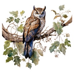 Enchanted Owl Perched on Weathered Branch Blending with Nightshade Leaves in Magical Garden