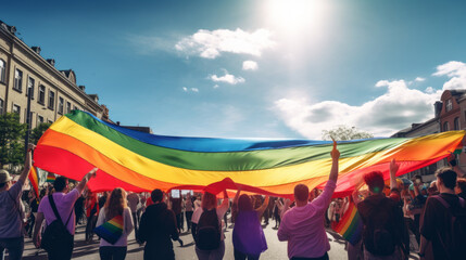 People with rainbow flag on the pride parade
