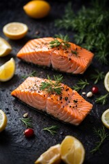 Two beautifully cooked salmon fillets with aromatic herbs and slices of fresh lemon