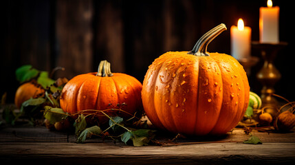Halloween pumpkins on a old wooden background.