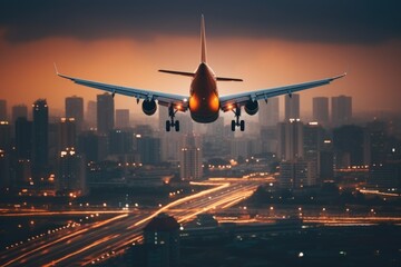 Airplane is flying in colorful sky over the city at night. Landscape with passenger airplane, skyline, purple sky with red and pink clouds. Aircraft is landing at sunset. Aerial view. Transport - obrazy, fototapety, plakaty
