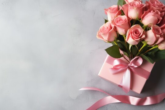 Pastel pink gift box and bouquet of roses on gray background. Copy space. Mothers Day. Greeting card with copy space.