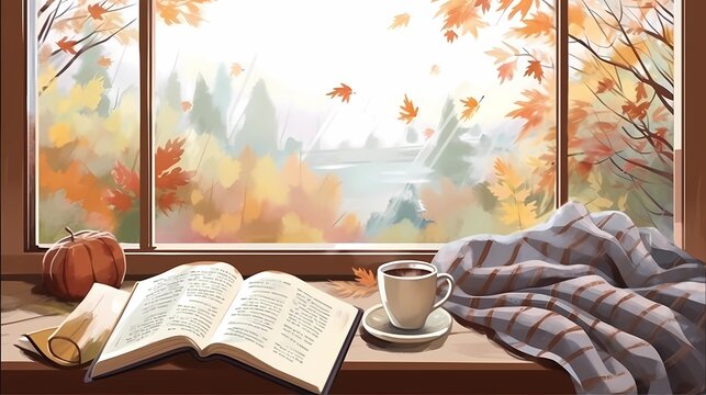 a cozy nook by the window, with a view of raindrops on the glass, an open book, tea mug, a warm mug of chamomile tea, bathed in the gentle, muted colors of a rainy autumn day