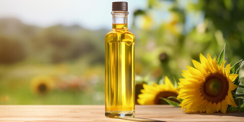 Product shot of sunflower oil bottle against majestic blurry background