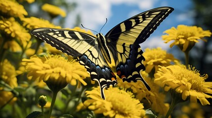 Eastern tiger swallowtail butterfly close-up on flower background.