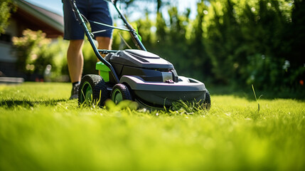 Professional gardener is trimming grass by using the lawnmower - obrazy, fototapety, plakaty