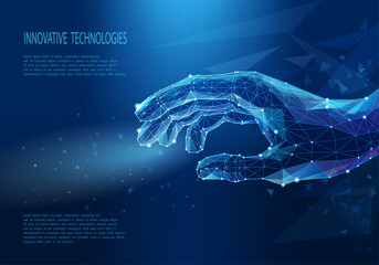Hand in technological low poly style. Artificial intelligence or robotics concept. Polygonal human hand. Digital innovative business. Wireframe vector illustration.