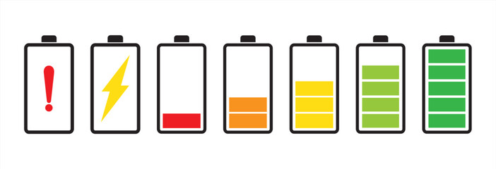 Set of battery full colour vector flat icons. Battery icons set. Battery charging sign and symbol. Battery charge level, vector illustration. - obrazy, fototapety, plakaty