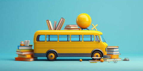School bus with educational objects. On the background. Looks like toy - obrazy, fototapety, plakaty