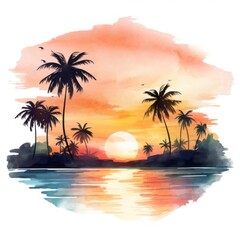 Serene Ocean Sunset and Palm Silhouettes in Blissful Watercolor Hawaii Tiki Clipart