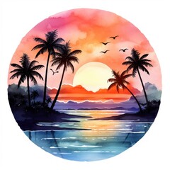 Serene Ocean Sunset and Palm Silhouettes in Blissful Watercolor Hawaii Tiki Clipart