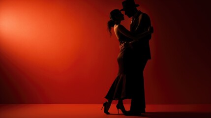 Couple of professional tango dancers in elegant suit and dress pose in a dancing. Attractive man and woman dance looking eye to eye. - obrazy, fototapety, plakaty