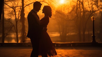Couple of professional tango dancers in elegant suit and dress pose in a dancing. Attractive man...