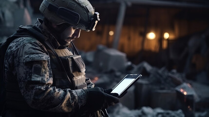 Soldier in professional uniform is holding tablet and analyzing data