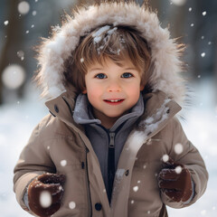 Close up portrait of a little boy playing with snowflakes in a park in winter. Happy child enjoys the first snow in a forest. Waiting for Christmas