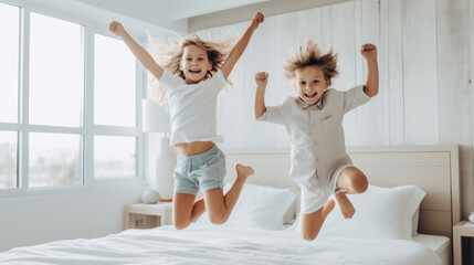Super happy kids are jumping on the bed indoors
