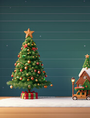 Christmas and New Year background with empty background, Christmas tree and Empty display for product montage.