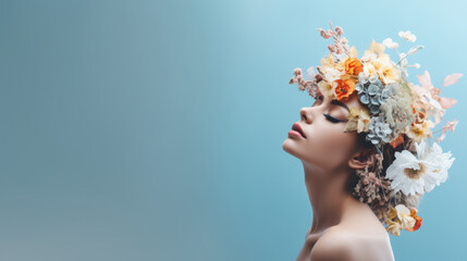 Surreal abstract woman portrait with flowers on the head. Against background - obrazy, fototapety, plakaty