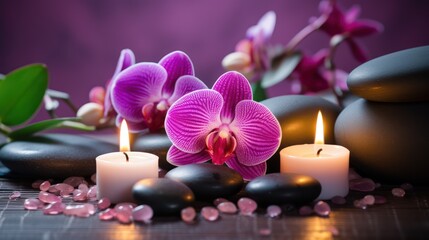 Obraz na płótnie Canvas High-End Spa Wellness Background - Massage Stone, Orchid Flowers, Towels, and Burning Candles