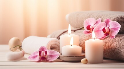 Fototapeta na wymiar High-End Spa Wellness Background - Massage Stone, Orchid Flowers, Towels, and Burning Candles