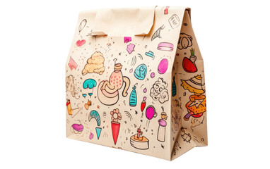 Children's Doodle Decorated Paper Lunch Bag on Transparent Background