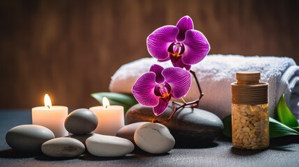 Fototapeta na wymiar High-End Spa Wellness Background - Massage Stone, Orchid Flowers, Towels, and Burning Candles