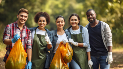 Team of young and diverse volunteers that are standing in the park, collecting trash in bags