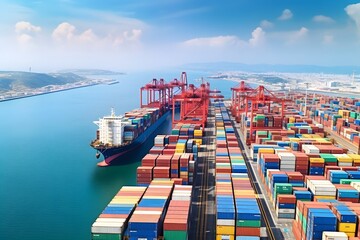 Logistics and transportation of Container Cargo ship and Cargo import/export and business logistics, Shipping , Top view