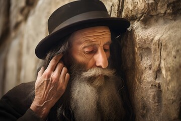 A Jewish man prays at the Western Wall in Jerusalem - obrazy, fototapety, plakaty