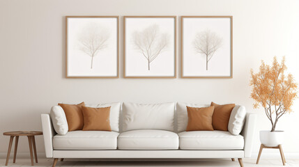 Beige sofa near white wall with three mock up poster