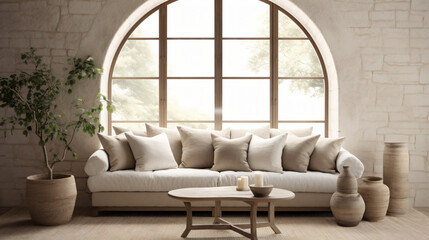 Beige sofa with cushions and plaid against of arched