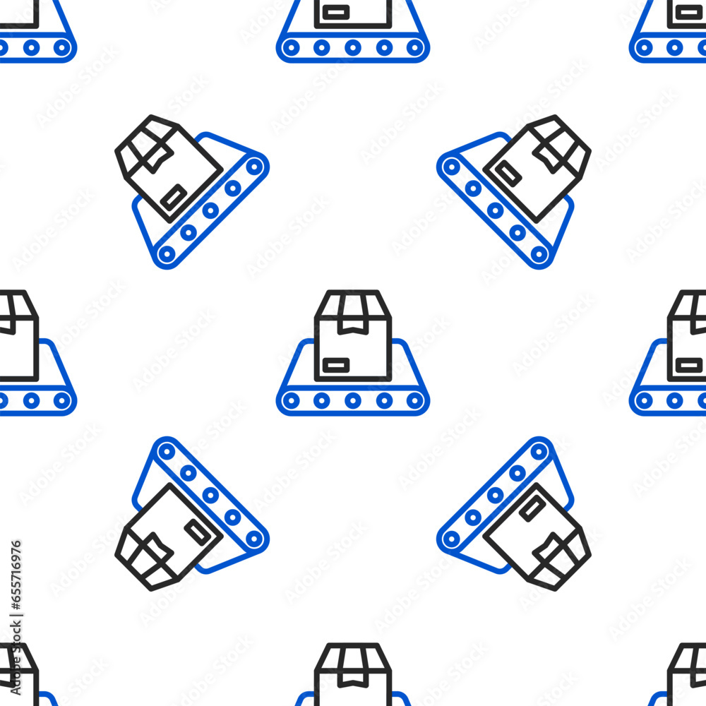 Sticker line conveyor belt with cardboard box icon isolated seamless pattern on white background. colorful o