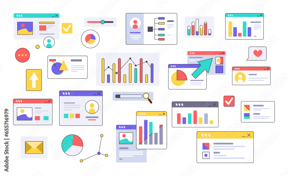 Aufkleber Graphics for displays, data statistics window interface. Rising and falling percentages diagrams showing business progress and regression. Vector set of abstract virtual elements, graphs flat icon