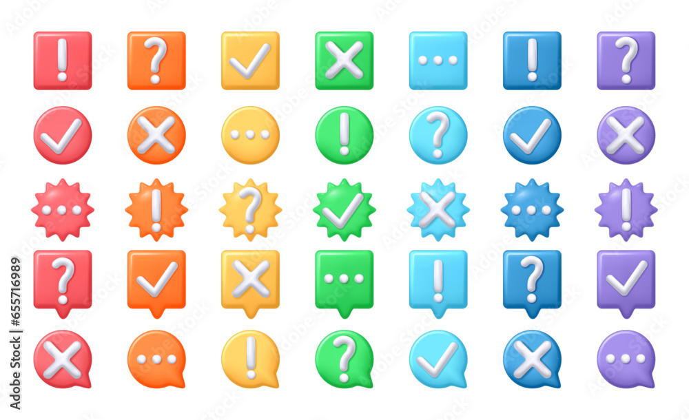 Poster 3D badges, glossy shapes with plus and minus, tick. Color emblems with computer signs, check button. exclamation and question mark. Vector 3d cartoon style minimal button, ok and cross sign