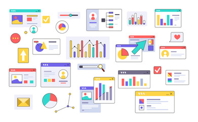 Graphics for displays, data statistics window interface. Rising and falling percentages diagrams showing business progress and regression. Vector set of abstract virtual elements, graphs flat icon