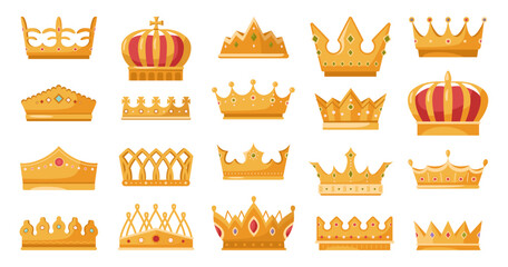 Golden royal jewelry symbol of king queen and princess, isolated flat cartoon icons set. Sign of crowning prince authority. Crown jewels symbol of emperor, coronet sign vector illustration