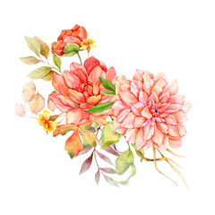 Watercolor fall floral bouquet hand painted illustration. Hand Painted watercolor flowers isolated on white background.  Perfect for wedding invitations, bridal shower and floral greeting cards