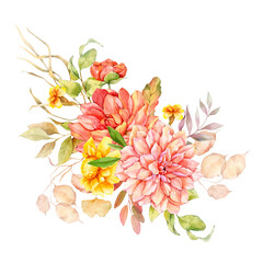 Watercolor fall floral bouquet hand painted illustration. Hand Painted watercolor flowers isolated on white background.  Perfect for wedding invitations, bridal shower and floral greeting cards