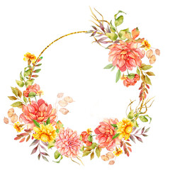Watercolor fall flowers frame hand painted illustration. Hand Painted watercolor flowers isolated on white background.  Perfect for wedding invitations, bridal shower and floral greeting cards