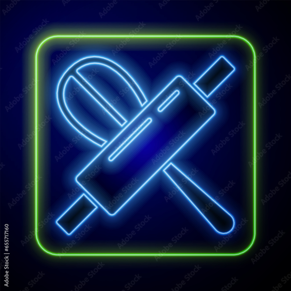 Poster glowing neon kitchen whisk and rolling pin icon isolated on blue background. cooking utensil, egg be