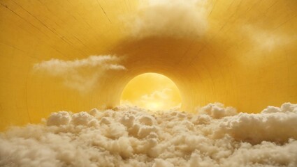 Abstract minimal yellow background with white clouds flying out the tunnel