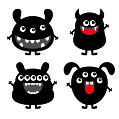 Fototapeta premium Monster set. Happy Halloween. Black smiling monsters. Cartoon kawaii funny boo character. Cute face head. Childish baby collection. Sticker print. White background. Flat design.