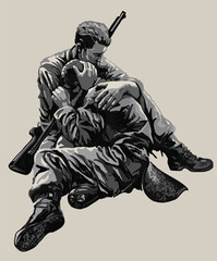 Drawing war story, calm down sad friend, sad, not strong, art.illustration, vector