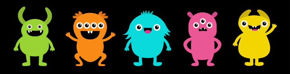 Happy Halloween. Cute monster set line. Colorful monsters with different emotions. Cartoon kawaii boo character. Funny face head. Childish baby collection. Black background. Flat design.