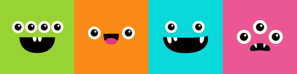 Monster face set line. Square head. Happy Halloween. Spooky Smiling Boo screaming sad face emotion. Cute character. Eyes, tongue, teeth fang, mouse. Flat design style. Baby kids background. © worldofvector