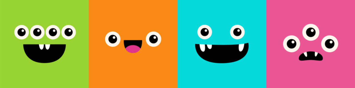 Monster Face Set Line. Square Head. Happy Halloween. Spooky Smiling Boo Screaming Sad Face Emotion. Cute Character. Eyes, Tongue, Teeth Fang, Mouse. Flat Design Style. Baby Kids Background.