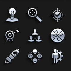 Set Project team base, Human with gear inside, Piece of puzzle, Rocket ship fire, Target arrow, and check mark and head lamp bulb icon. Vector