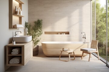 Fototapeta na wymiar modern minimal beige interior of a bathroom of hotel or house with big window in nature