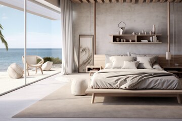 eco scandinavian interior of bedroom by the beach. Summer house design.
