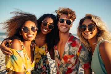 group of diverse friends in sunglasses on the beach. Happy smiling young women and man having fun on party. Lifestyle portrait.